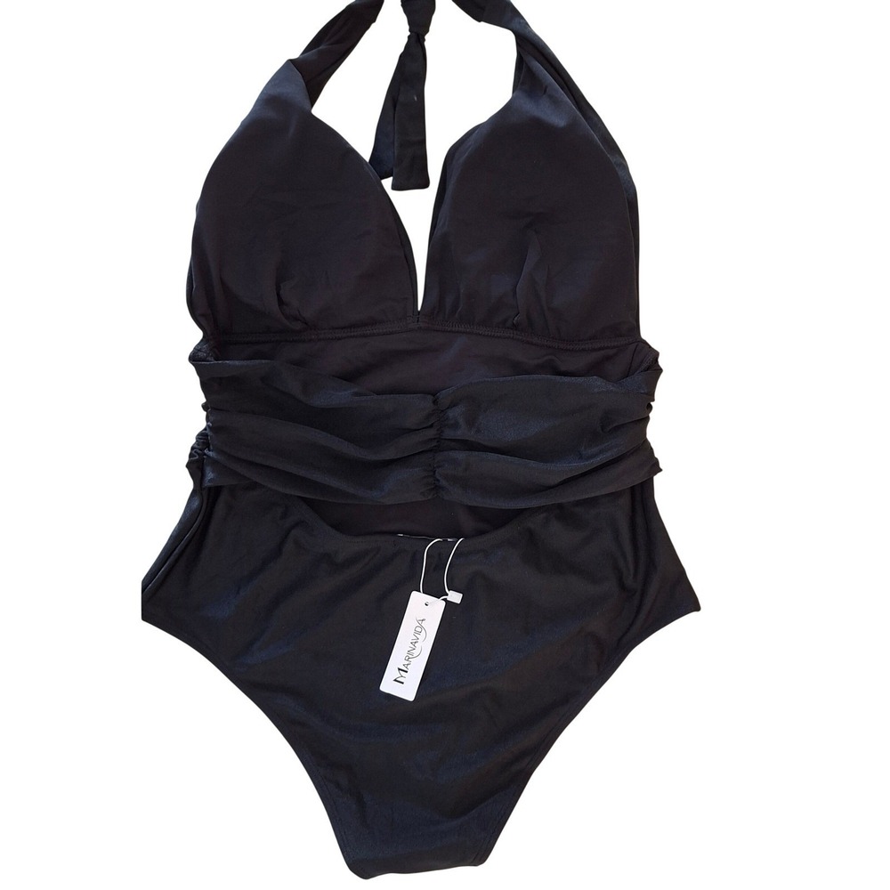 MarinaVida NEW Swimsuit Women XL Black Ruched swim Halter Shimmer NWT